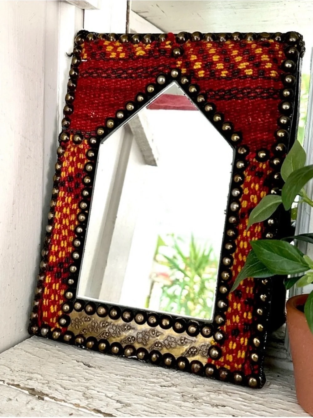 Egyptian Kilim Rug Mirror Studs Vibrant Colors With Carved Metal Red And Gold